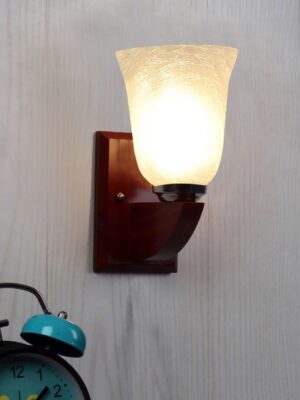 Ambika Home Wooden Wall Lamp with White Milky Crinkle Glass | Modern Wall Light for Living Room Bedroom Hallway Lobby Staircase | Decorative Indoor Wall Sconce