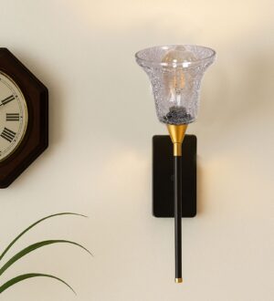 Ambika Home Metal Black Lamp With Diamond Cut Smoke Glass | Modern Wall Light for Living Room Bedroom Hallway Lobby Staircase | Decorative Indoor Wall Sconce