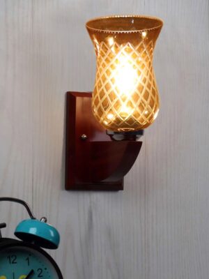 Ambika Home Wooden Wall Lamp with Amber Smoke Glass | Modern Wall Light for Living Room Bedroom Hallway Lobby Staircase | Decorative Indoor Wall Sconce