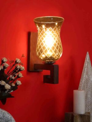 Ambika Home Wooden Wall Lamp with Amber Smoke Glass | Modern Wall Light for Living Room Bedroom Hallway Lobby Staircase | Decorative Indoor Wall Sconce