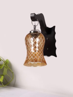 Ambika Home Wooden Wall Lamp with Amber Smoke Glass | Modern Wall Light for Living Room Bedroom Hallway Lobby Staircase | Decorative Indoor Wall Sconce