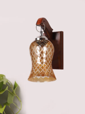 Ambika Home Wooden Wall Lamp with Amber Smoke Glass | Modern Wall Light for Living Room Bedroom Hallway Lobby Staircase | Decorative Indoor Wall Sconce