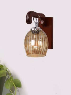 Ambika Home Wooden Wall Lamp with Diamond Cut Smoke Glass | Modern Wall Light for Living Room Bedroom Hallway Lobby Staircase | Decorative Indoor Wall Sconce