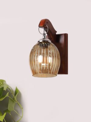 Ambika Home Wooden Wall Lamp with Diamond Cut Smoke Glass | Modern Wall Light for Living Room Bedroom Hallway Lobby Staircase | Decorative Indoor Wall Sconce