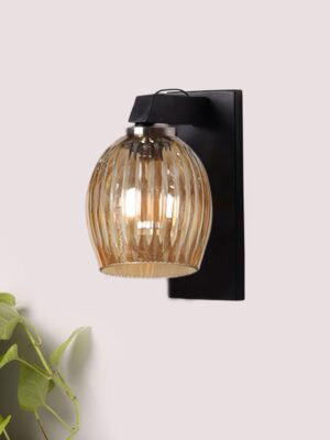 Ambika Home Wooden Wall Lamp with Diamond Cut Smoke Glass | Modern Wall Light for Living Room Bedroom Hallway Lobby Staircase | Decorative Indoor Wall Sconce