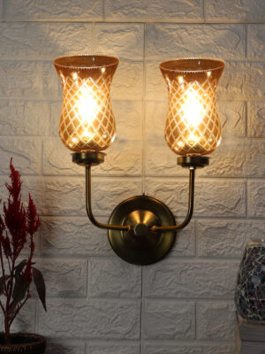 Ambika Home Dual Wall mounted Gold lamp with Amber Smoke Glass | Modern Wall Light for Living Room Bedroom Hallway Lobby Staircase | Decorative Indoor Wall Sconce