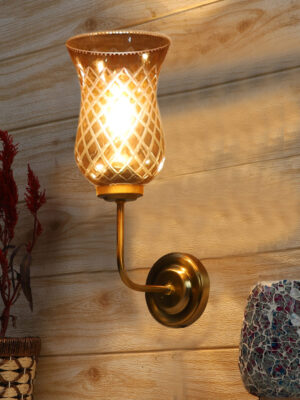 Ambika Home Gold wall mounted Lamp with Amber Smoke Glass | Modern Wall Light for Living Room Bedroom Hallway Lobby Staircase | Decorative Indoor Wall Sconce