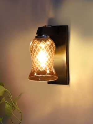 Ambika Home Wooden Wall Lamp with Amber Smoke Glass | Modern Wall Light for Living Room Bedroom Hallway Lobby Staircase | Decorative Indoor Wall Sconce