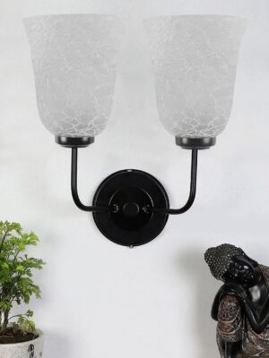 Ambika Home Dual Wall mounted Black lamp with White Milky Crinkle Glass | Modern Wall Light for Living Room Bedroom Hallway Lobby Staircase | Decorative Indoor Wall Sconce
