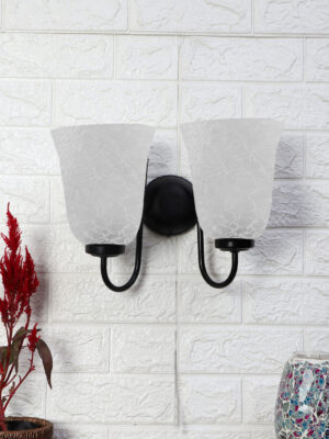Ambika Home Dual Wall mounted Black lamp with White Milky Crinkle Glass | Modern Wall Light for Living Room Bedroom Hallway Lobby Staircase | Decorative Indoor Wall Sconce