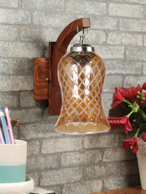 Ambika Home Wooden Wall Lamp with Amber Smoke Glass | Modern Wall Light for Living Room Bedroom Hallway Lobby Staircase | Decorative Indoor Wall Sconce