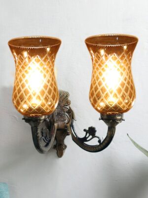 Ambika Home Dual Wall mounted Antique Gold lamp with Amber Smoke Glass | Modern Wall Light for Living Room Bedroom Hallway Lobby Staircase | Decorative Indoor Wall Sconce