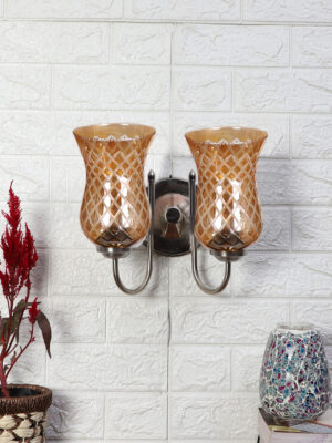 Ambika Home Steel Dual  Wall Lamp with Amber Smoke Glass | Modern Wall Light for Living Room Bedroom Hallway Lobby Staircase | Decorative Indoor Wall Sconce