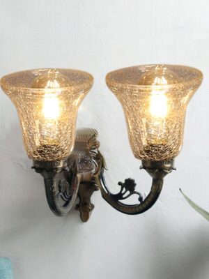 Ambika Home Dual Wall mounted Antique Gold lamp with Transparent Crinkle Glass | Modern Wall Light for Living Room Bedroom Hallway Lobby Staircase | Decorative Indoor Wall Sconce