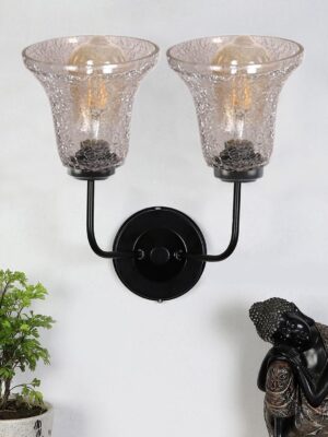 Ambika Home Dual Wall mounted Black lamp with Transparent Crinkle Glass | Modern Wall Light for Living Room Bedroom Hallway Lobby Staircase | Decorative Indoor Wall Sconce