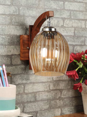 Ambika Home Wooden Wall Lamp with Diamond Cut Smoke Glass | Modern Wall Light for Living Room Bedroom Hallway Lobby Staircase | Decorative Indoor Wall Sconce