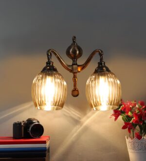 Ambika Home Dual Wall mounted Antique Gold lamp with Diamond Cut Smoke Glass | Modern Wall Light for Living Room Bedroom Hallway Lobby Staircase | Decorative Indoor Wall Sconce