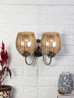 Ambika Home Steel Dual Wall Lamp with Diamond Cut Smoke Glass | Modern Wall Light for Living Room Bedroom Hallway Lobby Staircase | Decorative Indoor Wall Sconce